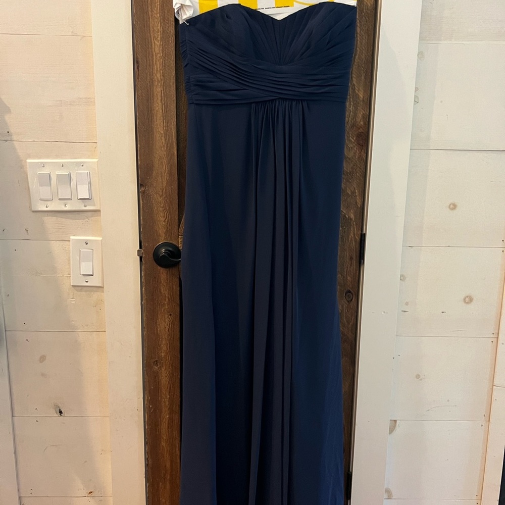 Navy blue formal strapless dress with rouged chiffon